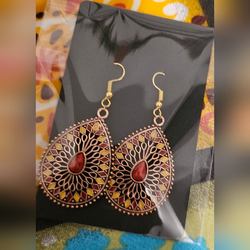 2for$24 Artisan Red and Gold Filigree Earrings